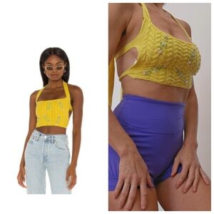 Guizio Floral Knit Yellow Backless Pagan Strappy Top Xs